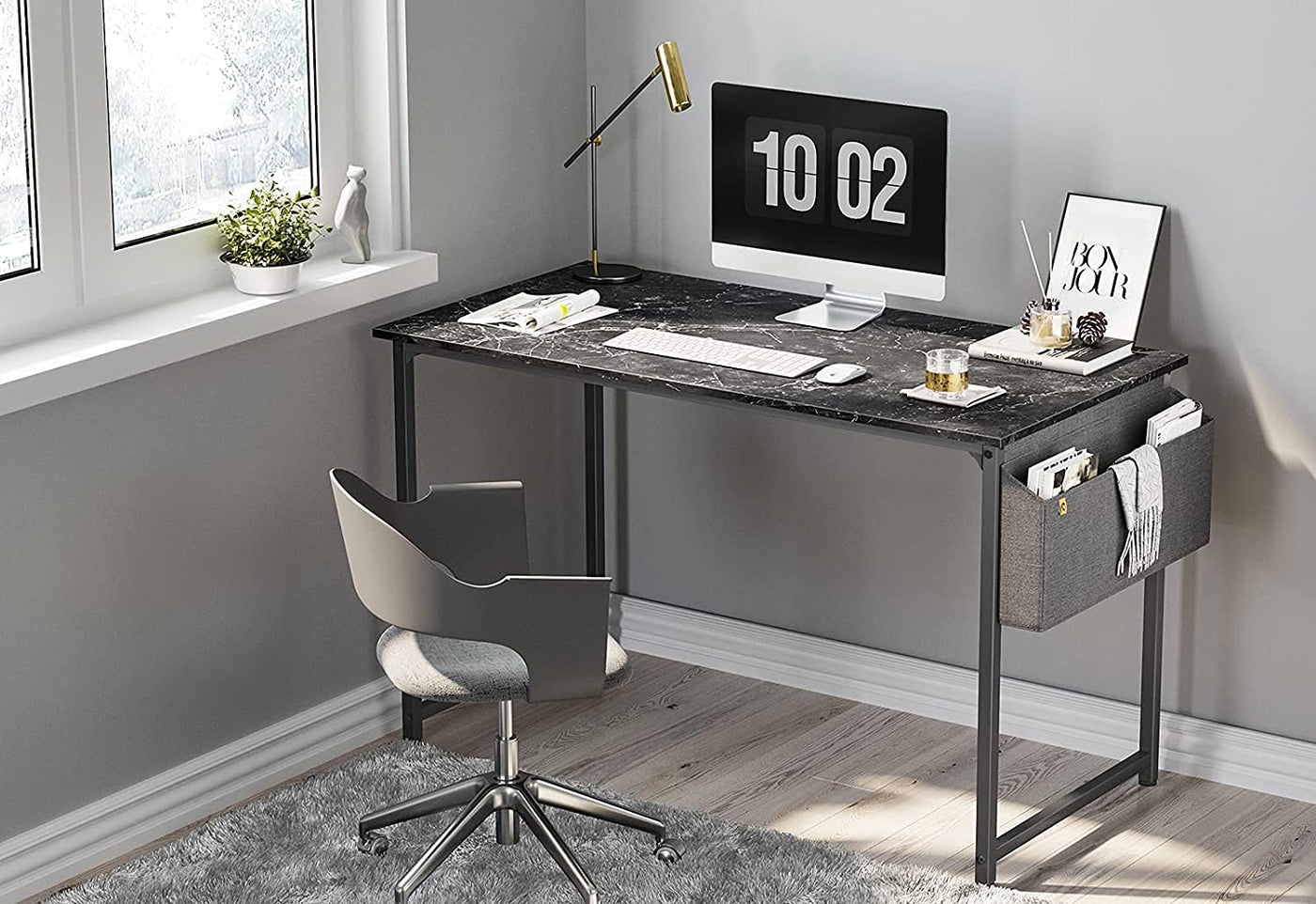 Computer Desk 47 Inch Study Writing Table for Home Office, Modern Simple Style PC Table with Storage Bag, Black Marble