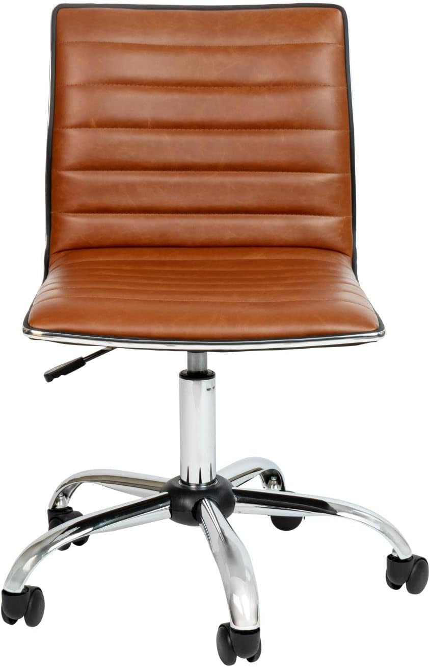 Alan Office Task Chair - Brown Vinyl - Chrome Frame - Armless - Ribbed Back and Seat - Low Back Design