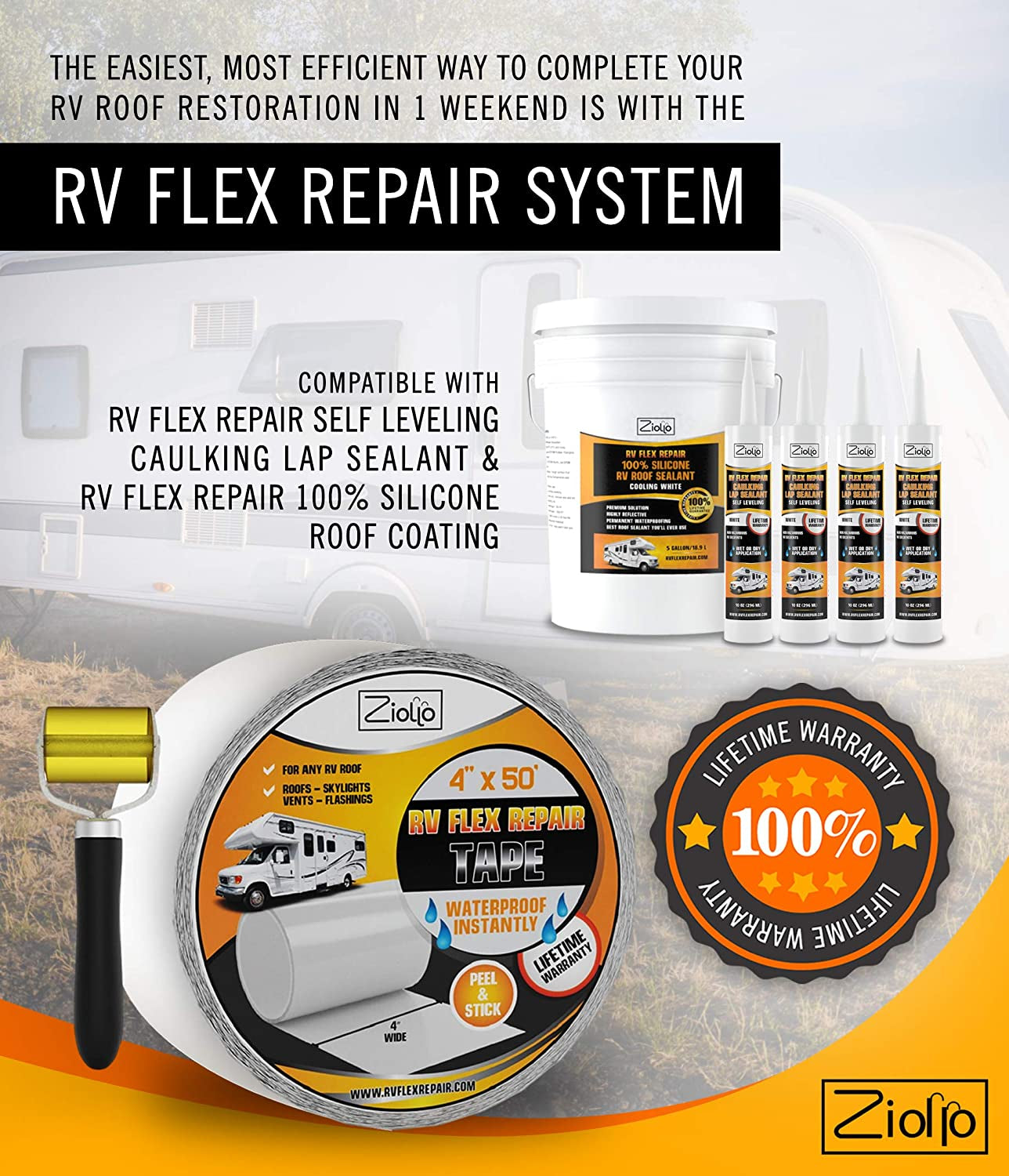 RV Flex Repair Tape - Roof Seam Tape to Seal and Waterproof, Bond to EPDM Rubber with Butyl Sealant, Seal Vents and Skylights on Motorhomes, Trailers, Campers (White, 4-Inch X 50 Foot Roll)