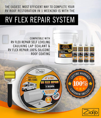 RV Flex Repair Tape - Roof Seam Tape to Seal and Waterproof, Bond to EPDM Rubber with Butyl Sealant, Seal Vents and Skylights on Motorhomes, Trailers, Campers (White, 4-Inch X 50 Foot Roll)