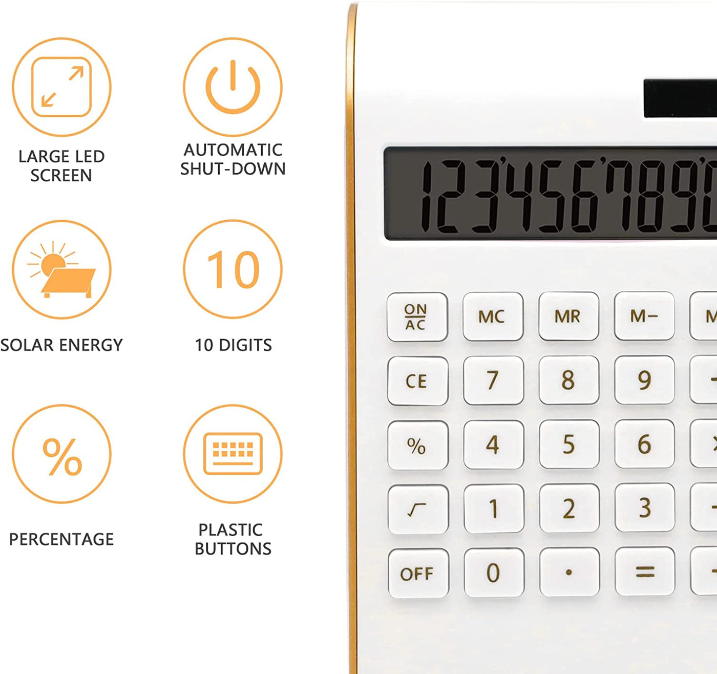 Gold Calculator, 10 Digits Solar Battery Basic, Dual Powered Desktop Calculator, Tilted LCD Display, Inclined Design Slim Desk Calculator