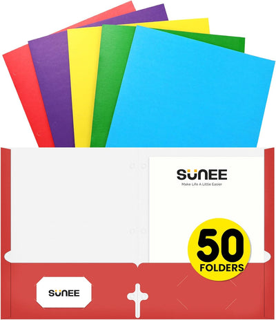 Folders with Pockets 3 Hole Punched(50/Pack, Assorted Colors), 2 Pocket Folders Fit Letter Size Paper, Paper File Folder for School Office Home Bussiness