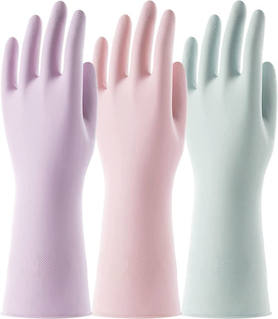 3 Pairs Reusable Rubber Gloves for Dishwashing Cleaning Bleaching, Grippy Latex Dish Washing Gloves with Flocked Cotton Liner, Water Resistant Household Gloves for Kitchen Bathroom, Medium