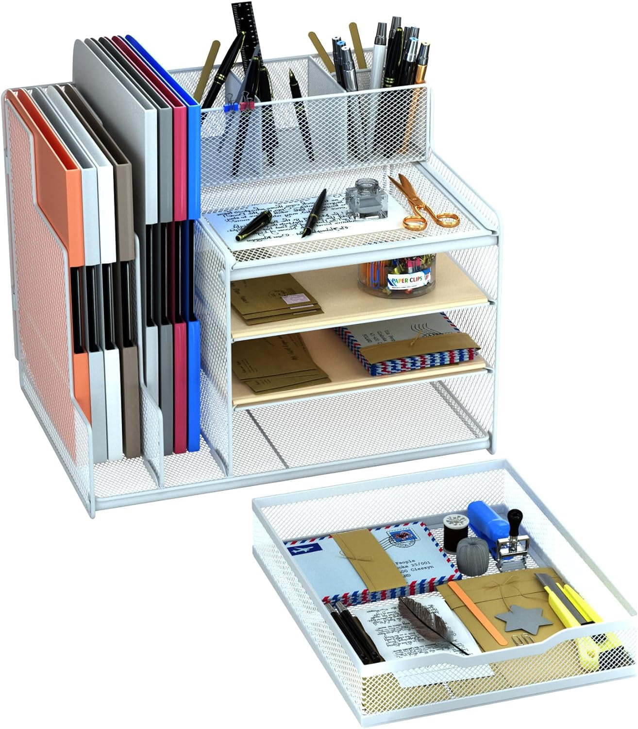 Desk Organizer with Mesh File Holder, 4-Tier Office Supplies Desk Accessories with Sliding Drawers & Pen Holder, Desk File Storage for Office, School, Home, White