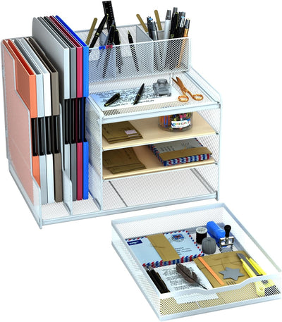 Desk Organizer with Mesh File Holder, 4-Tier Office Supplies Desk Accessories with Sliding Drawers & Pen Holder, Desk File Storage for Office, School, Home, White