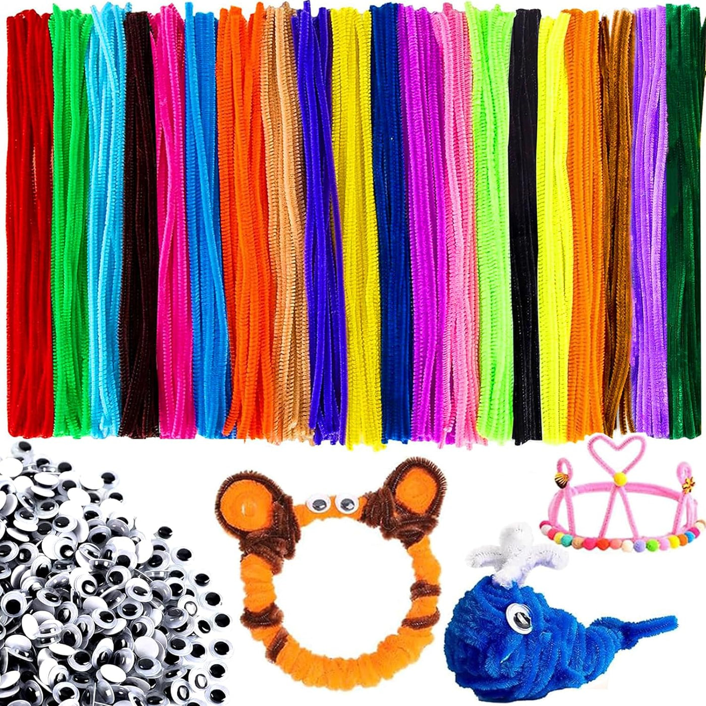 1200Pcs Multi-Color Pipe Cleaners and Self-Adhesive Wiggle Eyes Set, Pipe Cleaners Bulk, Art and Craft Supplies, Chenille Stems Pipe Cleaners, Pipe Cleaner for Crafts…