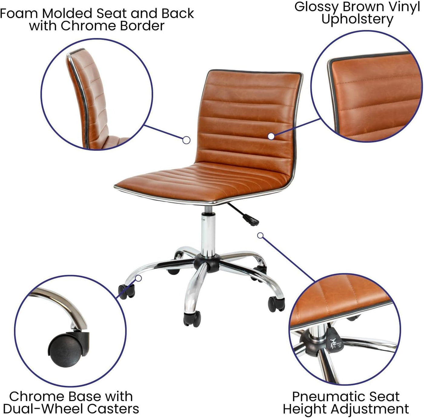 Alan Office Task Chair - Brown Vinyl - Chrome Frame - Armless - Ribbed Back and Seat - Low Back Design