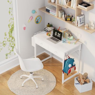 Small White Desk with Drawers - for Bedroom, 32 Inch Home Office Computer Desk with Fabric Storage Drawer and Bag, Study Writing Table for Small Spaces, White