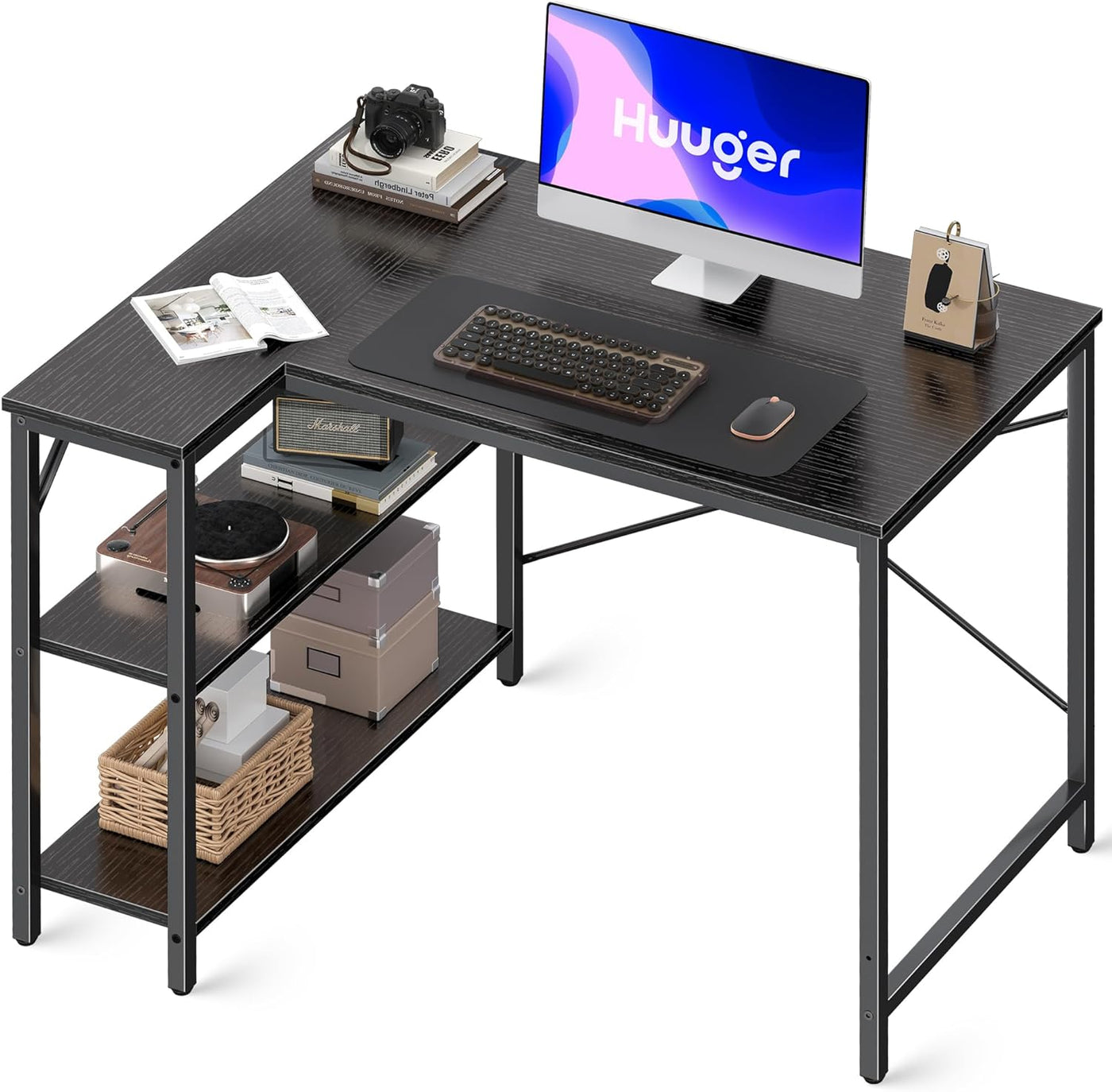 L Shaped Desk, 39 Inches Computer Desk with Reversible Storage Shelves, Gaming Desk, Corner Desk Home Office Desks, Writing Desk Study Desk with Metal Frame, Black