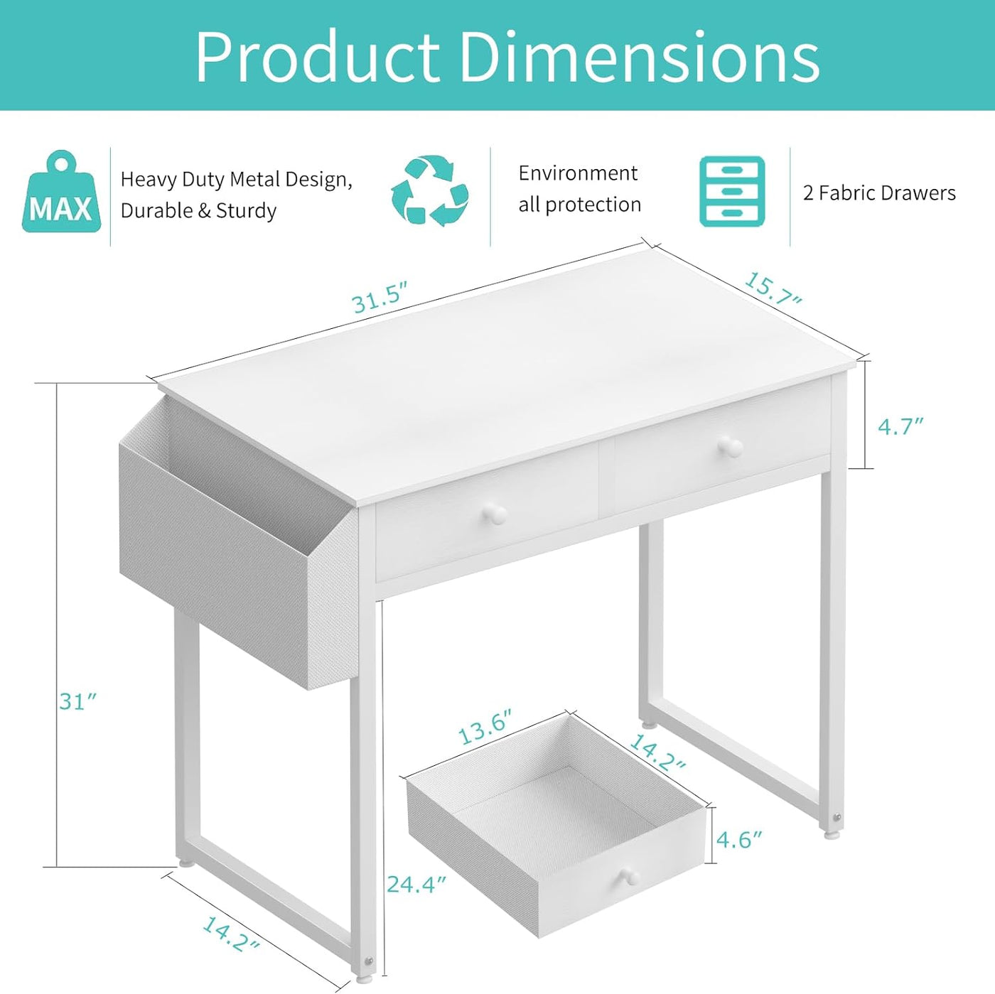 Small White Desk with Drawers - for Bedroom, 32 Inch Home Office Computer Desk with Fabric Storage Drawer and Bag, Study Writing Table for Small Spaces, White