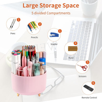 Desk Pencil Pen Holder, 5 Slots 360°Degree Rotating Pencil Pen Organizers for Desk, Desktop Storage Stationery Supplies Organizer, Cute Pencil Cup Pot for Office, School, Home, Art Supply, Pink