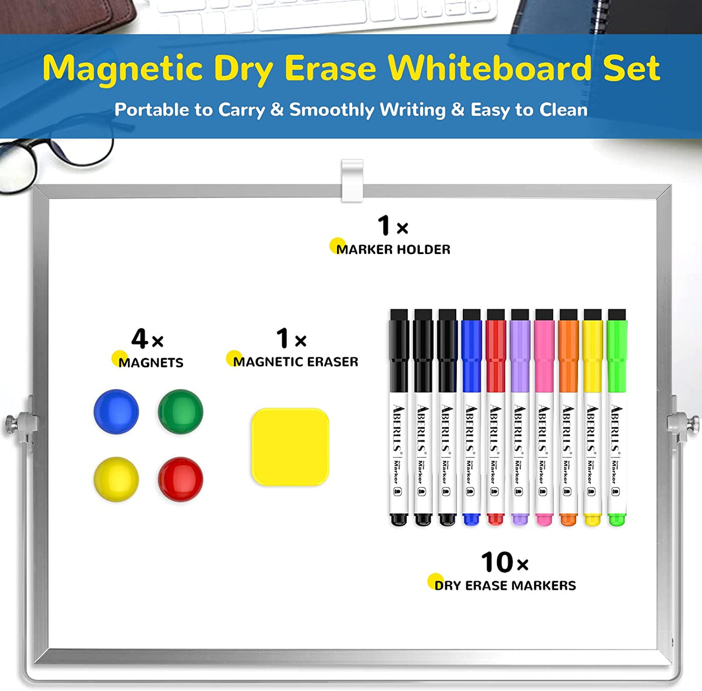 Dry Erase White Board, 16Inx12In Large Magnetic Desktop Whiteboard with Stand, 10 Markers, 4 Magnets, 1 Eraser, Portable Double-Sided White Board Easel for Kids Memo to Do List Desk School