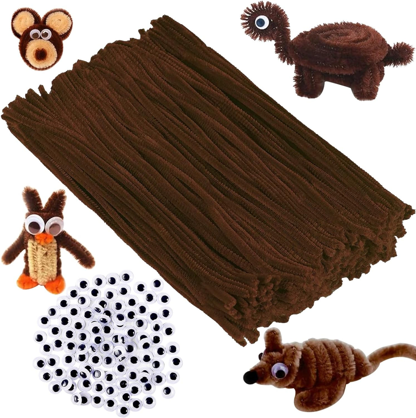 300Pcs Brown Pipe Cleaners and Self-Adhesive Wiggle Eyes, Christmas Pipe Cleaners, Pipe Cleaners Bulk, Art and Craft Supplies, Chenille Stems Pipe Cleaners, Pipe Cleaner Crafts