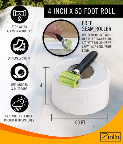 RV Flex Repair Tape - Roof Seam Tape to Seal and Waterproof, Bond to EPDM Rubber with Butyl Sealant, Seal Vents and Skylights on Motorhomes, Trailers, Campers (White, 4-Inch X 50 Foot Roll)