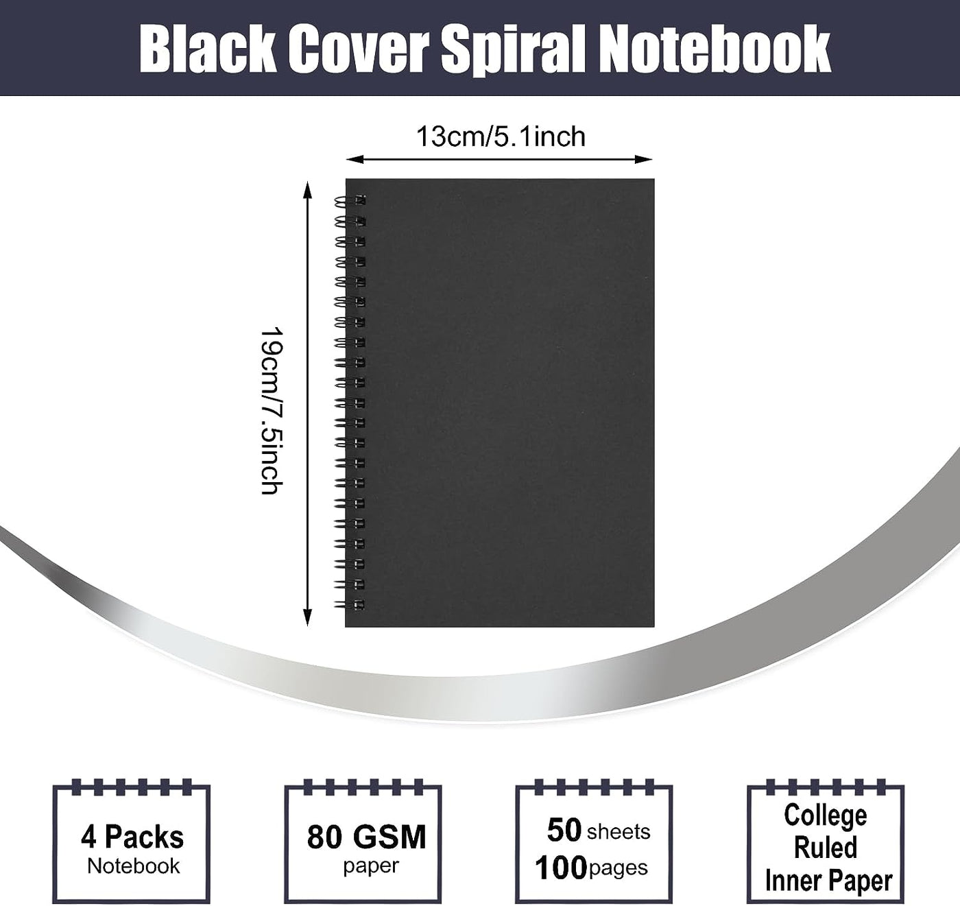 4 Pack Spiral Notebook 7.48 X 5.11In College Ruled Lined Journals, 100 Pages 50 Sheets Black Cover Notebook for School Office Supplies