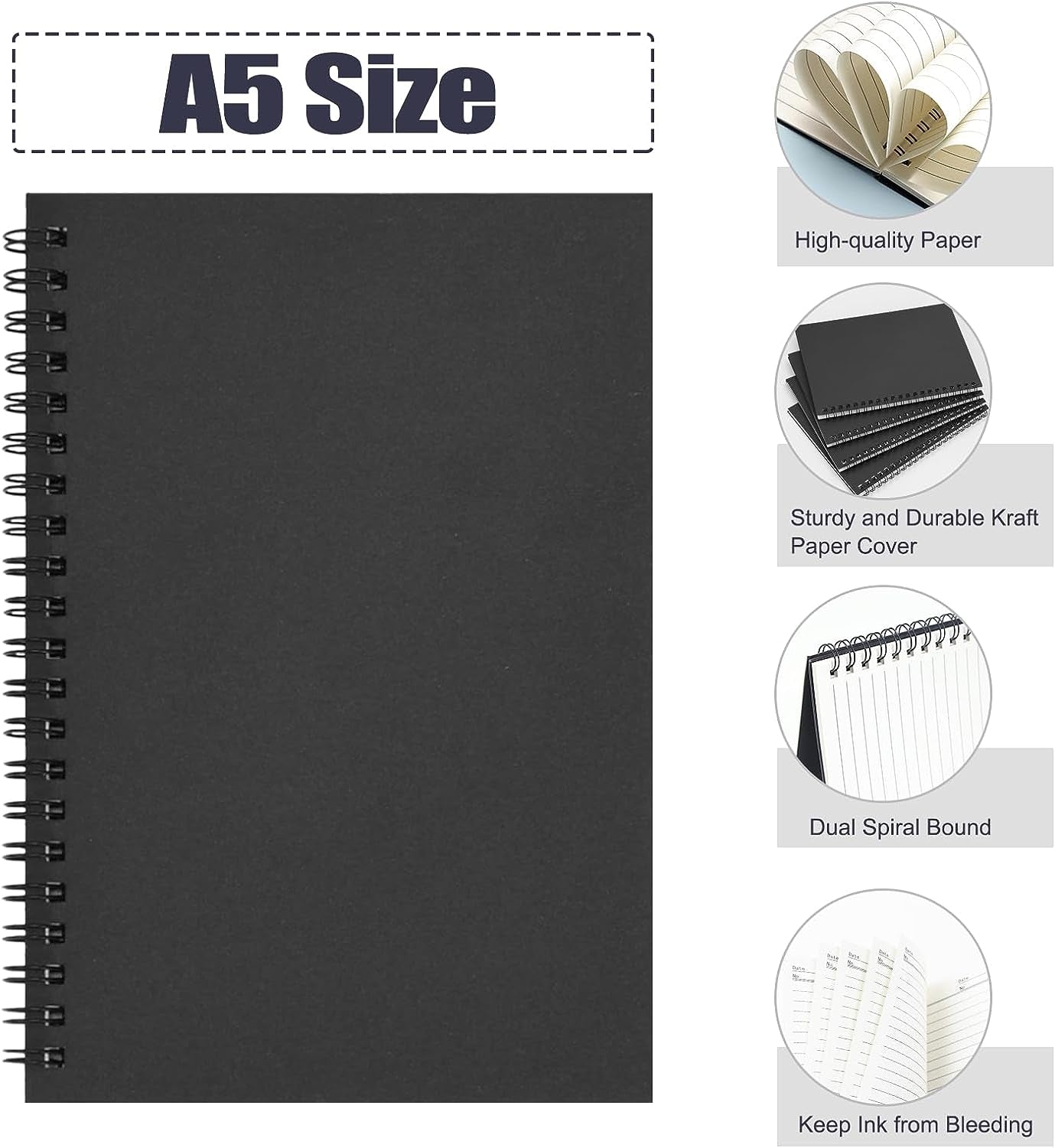 4 Pack Spiral Notebook 7.48 X 5.11In College Ruled Lined Journals, 100 Pages 50 Sheets Black Cover Notebook for School Office Supplies