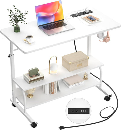 Height Adjustable Standing Desk with Power Outlets, 32" Manual Stand up Desk with Storage Shelves Small Mobile Rolling Computer Desk Portable Laptop Table with Wheels for Home Office, White