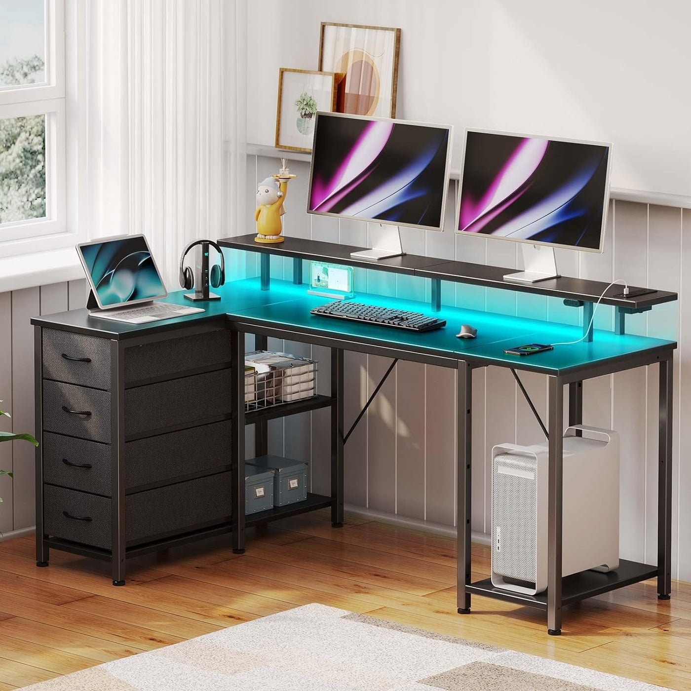 L Shaped Computer Desk with Drawers 47.2 Inch, Gaming Desk with Power Outlets & LED Lights,Reversible Office Desk with Storage Shelves, Corner Desk with Monitor Stand for Black