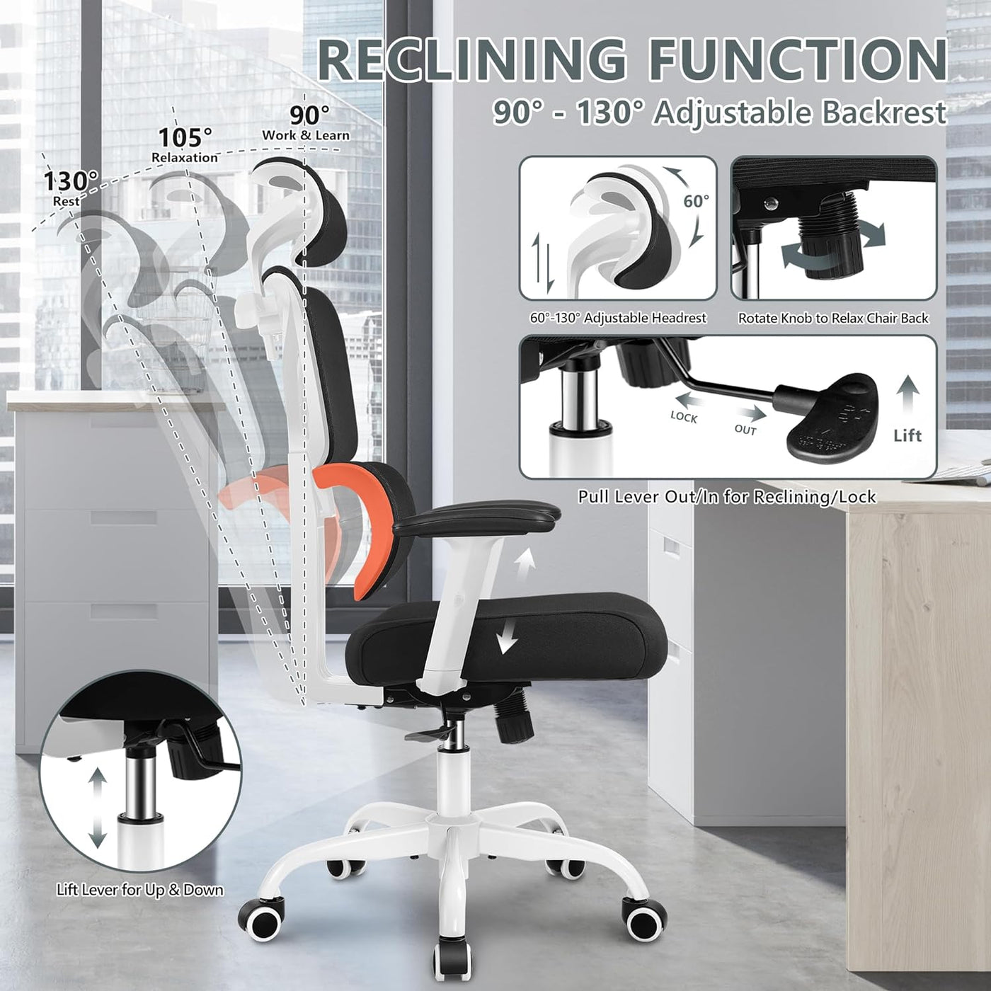 Office Chair Ergonomic Desk Chair, High Back Gaming Chair, Big and Tall Reclining Chair Comfy Home Office Desk Chair Lumbar Support Breathable Mesh Computer Chair Adjustable Armrests(W-Orange)