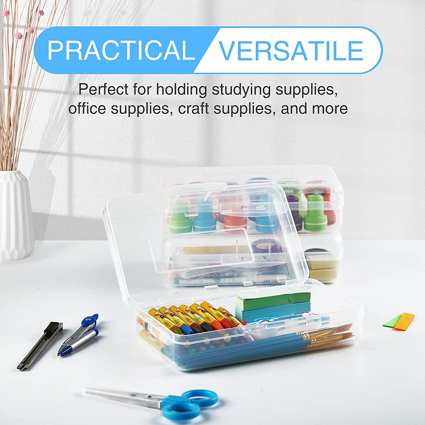 3 Pack Clear Pencil Box, Plastic Large Capacity Pencil Boxes Plastic Boxes with Snap-Tight Lid, Office Supplies Storage Organizer Box, Stackable Design and Stylish