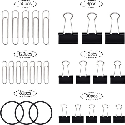 Binder Clips Paper Clips,  300Pcs Office Clips Set with Paper Clamps Paperclips Rubber Bands for Office and School Supplies, Assorted Sizes Black