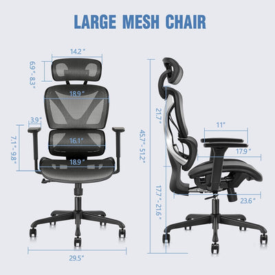 Ergonomic Office Chair, Mesh Desk Chair with Lumbar Support, Adjustable 3D Arms, Reclining, Headrest & Large Seat - Big and Tall Ergonomic Chair for Home Office Work(Grey)