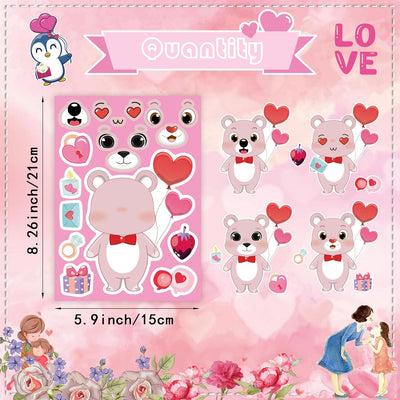 24 Sheets Valentine Stickers for Kids, Valentines Crafts Heart Love Sticker Make a Face Stickers, Make Your Own Animal Stickers Valentines Gifts for Kids Classroom Valentine Goodie Bags Party Favors