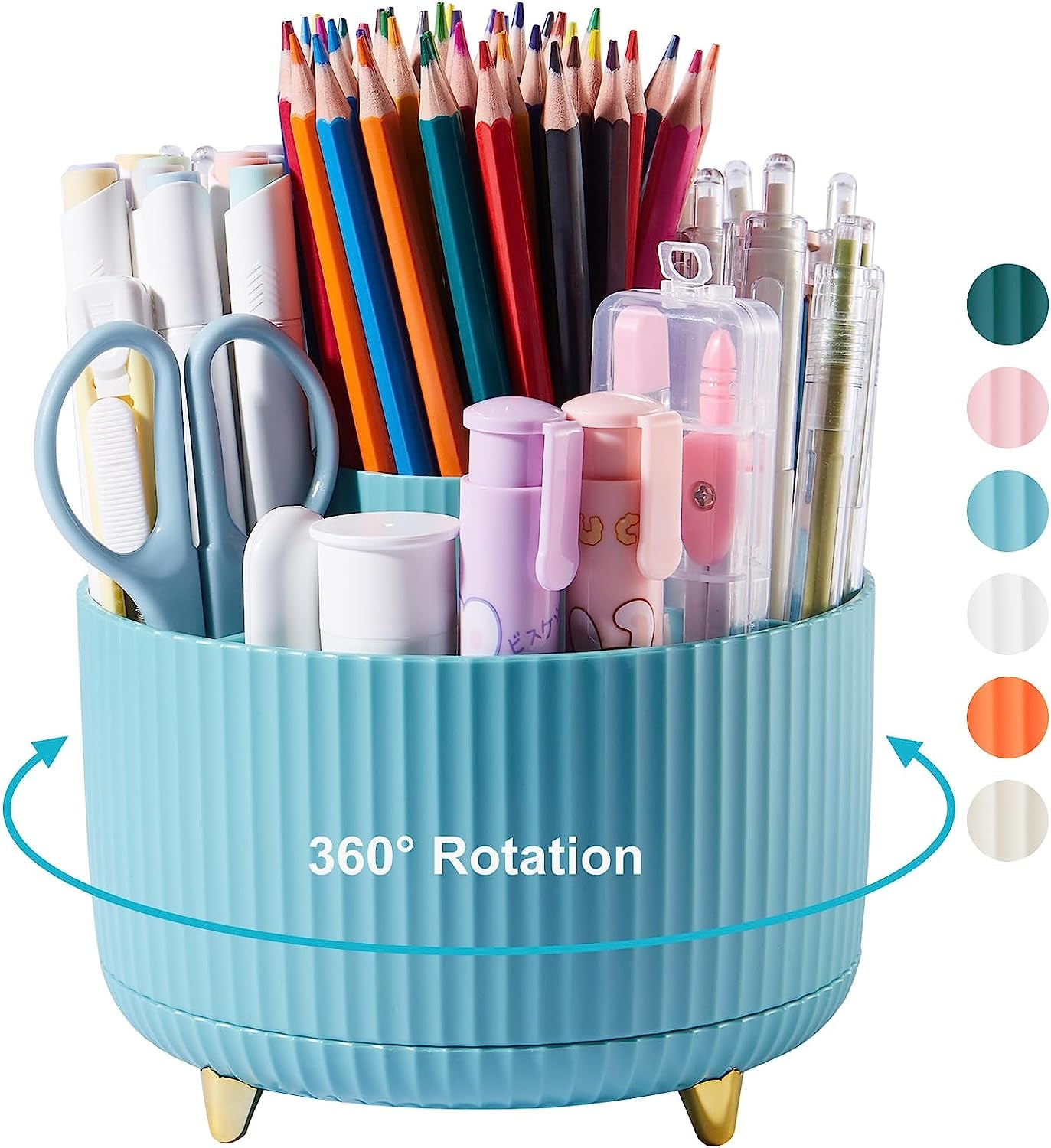 360 Degree Rotation Pen Holder, 5 Slots Office Desk Pen Organizer Multi-Functional Pencil Cup Makeup Brush Holder Office Business Card Pen Pencil Stationery Holder Storage Box Blue