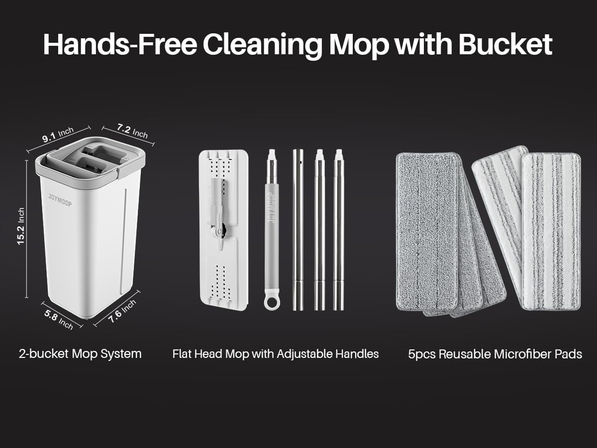 Mop and Bucket with Wringer Set, Hands Free Flat Floor Mop and Bucket, with 5 Washable Microfiber Pads, Wet and Dry Use, Floor Cleaning Syste