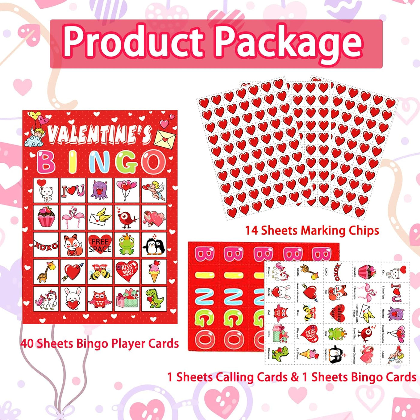 Valentine'S Day Bingo Game for Kids Family Activities, 40 Players Valentine Bingo Party Games for Kids, Valentine Crafts School Classroom Party Favor Activities, Holiday Party Craft Supplies
