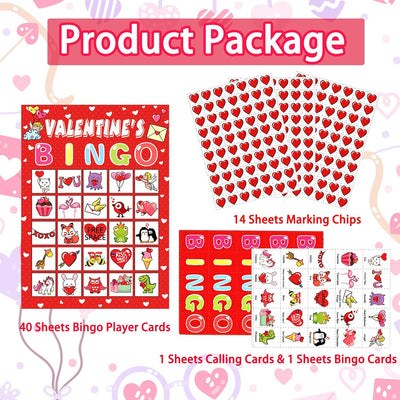 Valentine'S Day Bingo Game for Kids Family Activities, 40 Players Valentine Bingo Party Games for Kids, Valentine Crafts School Classroom Party Favor Activities, Holiday Party Craft Supplies