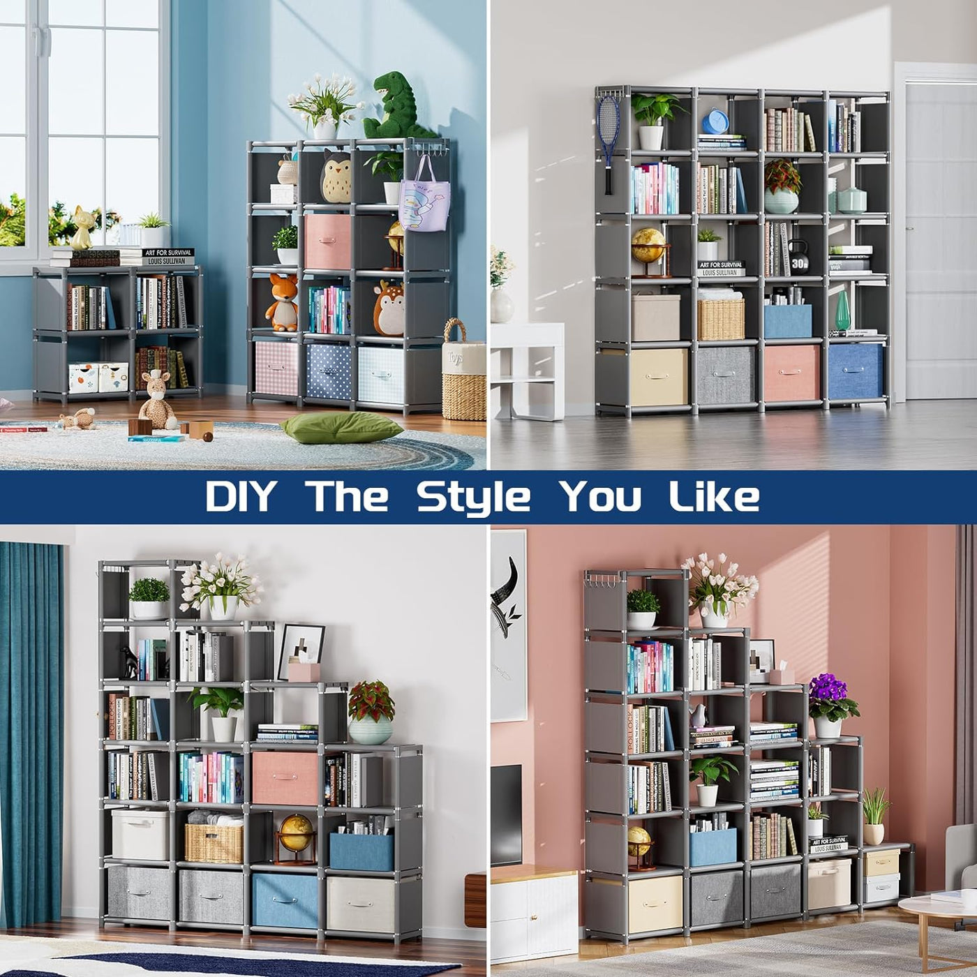 Book Shelf, 20 Cube Storage Organizer, DIY Bookcase, Metal Cube Bookshelf,Tall Book Case for Bedroom, Living Room,Office,Closet Storage Organizer, Grey Cubicle Storage Rack