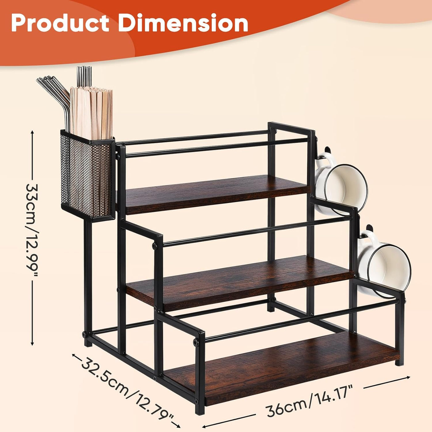 Coffee Syrup Rack Organizer, 3 Tier Syrup Bottle Holder Stand for Coffee Bar, 12 Bottles Storage Shelves with Basket and Hooks for Syrup, Wine, Dressing for Kitchen Coffee Station