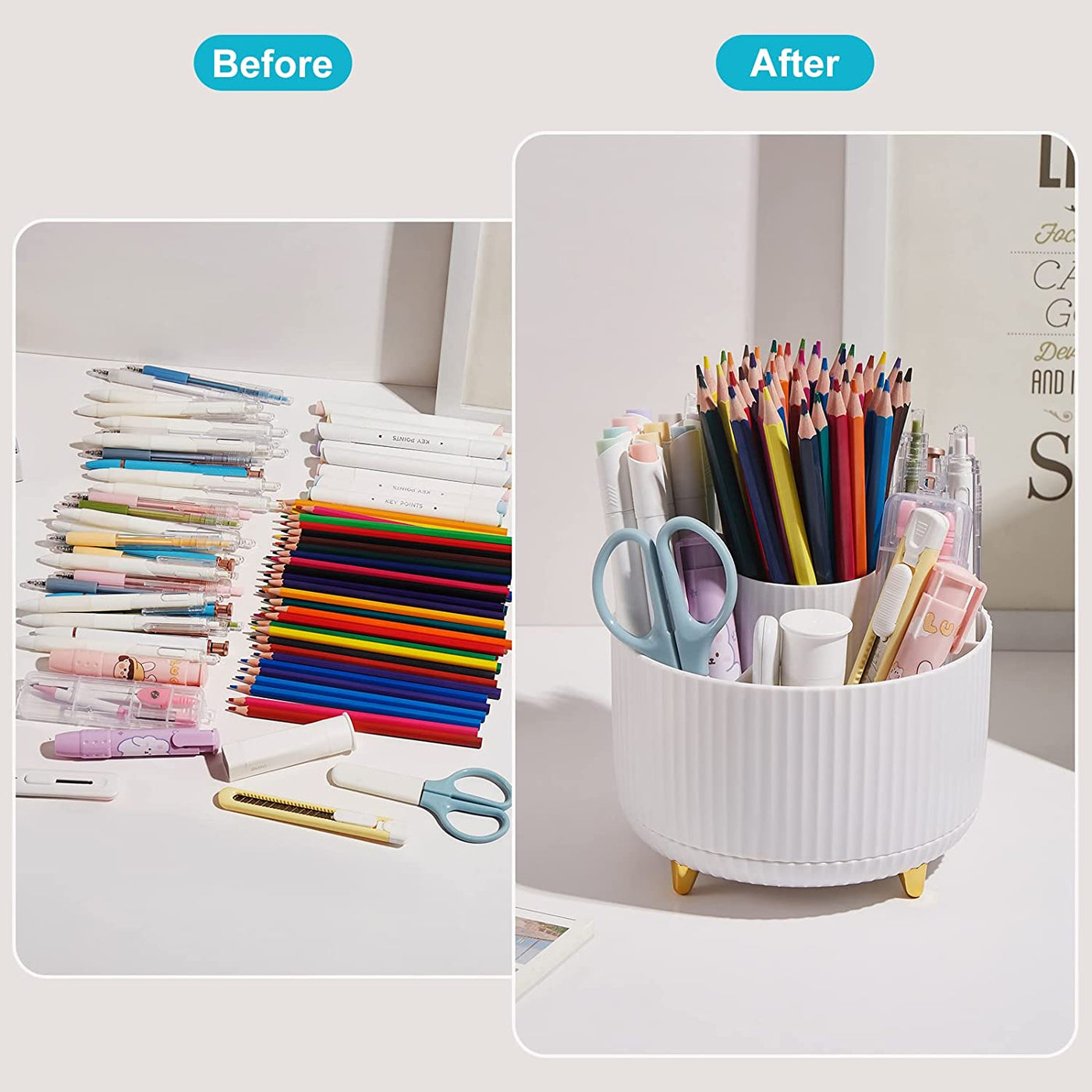 Desk Pencil Pen Holder, 5 Slots 360 Degree Rotating Desk Pen Organizers for Desk Desktop Storage Stationery Supplies Cup Pot for Office School Home Art Supply White