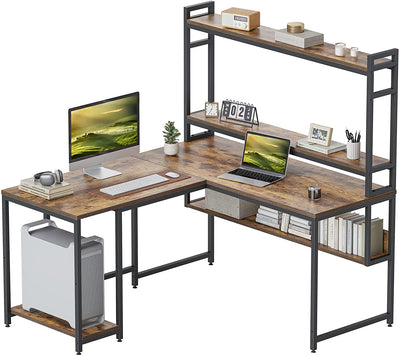 L Shaped Desk with Hutch and Storage Shelves, 59.1 Inch Corner Desk with Bookshelf, Computer Office Workstation for Home Office, Rustic Brown