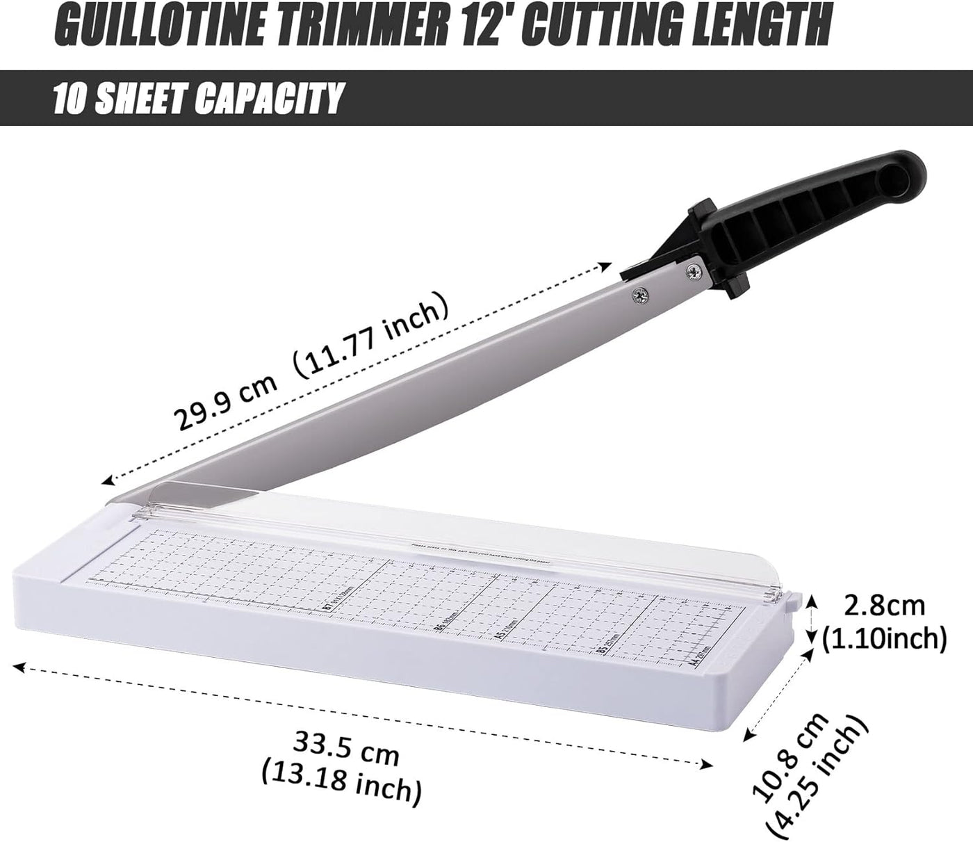 Paper Trimmer-12” 8 to 12 Sheet Capacity, Paper Cutter Guillotine with Safety Blade Lock Heavy Duty Plastic Base Paper Cutting Board for Home, Office,School-White