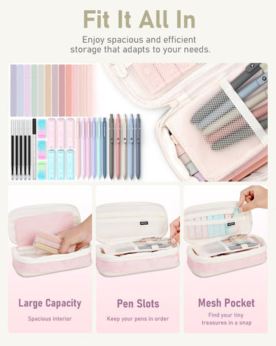 39 PCS Aesthetic School Supplies with Cute Pen Case, 12 Pastel Highlighters, 5 Black Ink Gel Pens, 6 Mechanical Pencils Set 0.5 & 0.7 Mm for Students Stationary College Essentials (Pink)