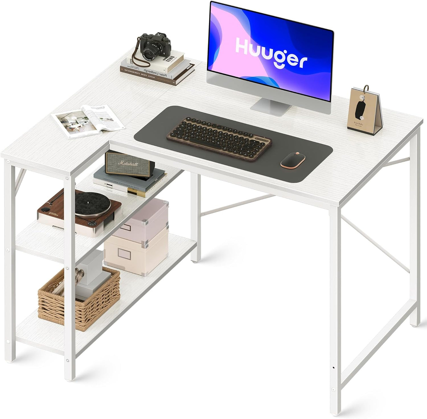 L Shaped Desk, 39 Inches Computer Desk with Reversible Storage Shelves, Gaming Desk, Corner Desk Home Office Desks, Writing Desk Study Desk with Metal Frame, White