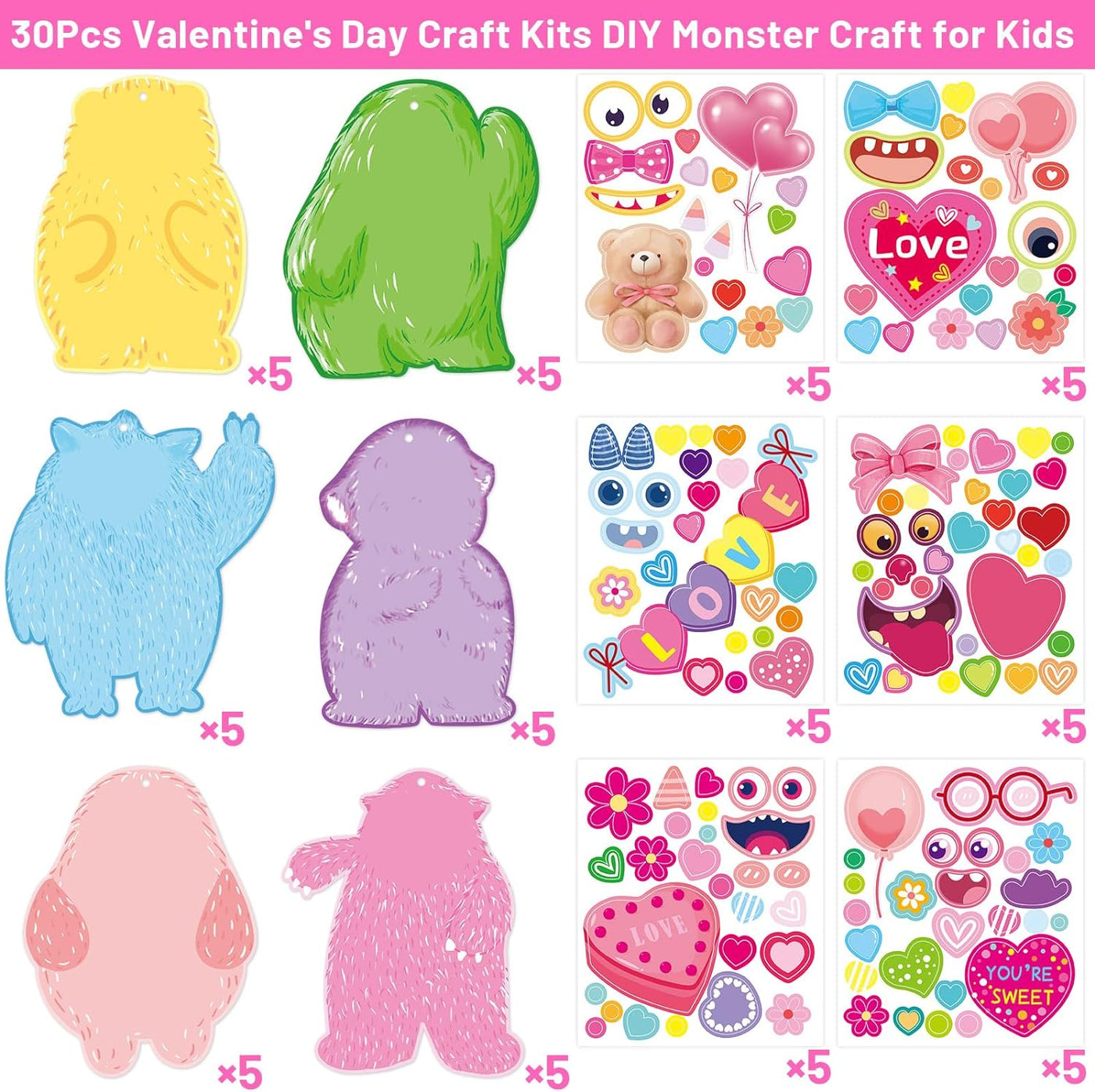 Valentines Monster Craft Ornament Valentine'S Day Craft Kits for Kids Make Your Own Monster for Classroom Home Fun Activities 30 Pack