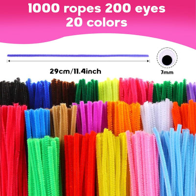 1200Pcs Multi-Color Pipe Cleaners and Self-Adhesive Wiggle Eyes Set, Pipe Cleaners Bulk, Art and Craft Supplies, Chenille Stems Pipe Cleaners, Pipe Cleaner for Crafts…