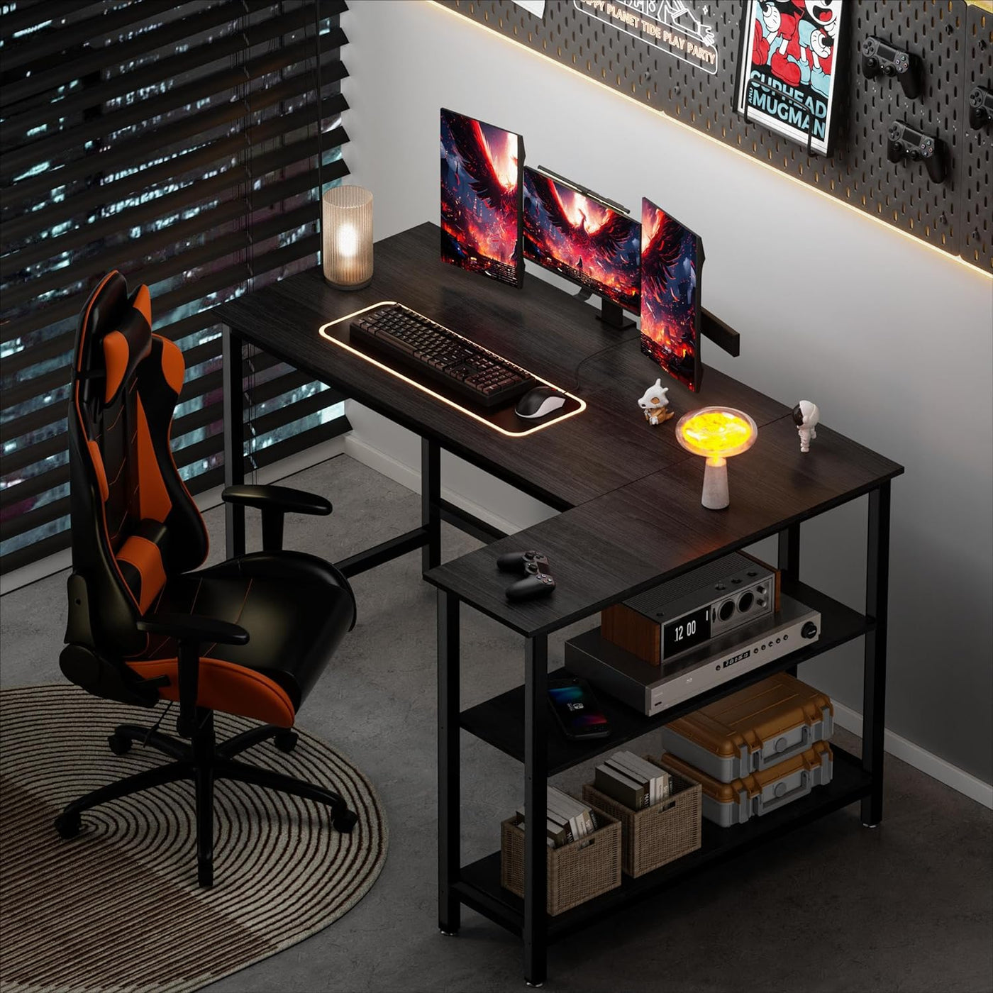 L Shaped Computer Desk - Home Office Desk with Shelf, Gaming Desk Corner Table for Work, Writing and Study, Space-Saving, Black