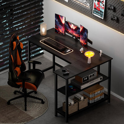L Shaped Computer Desk - Home Office Desk with Shelf, Gaming Desk Corner Table for Work, Writing and Study, Space-Saving, Black