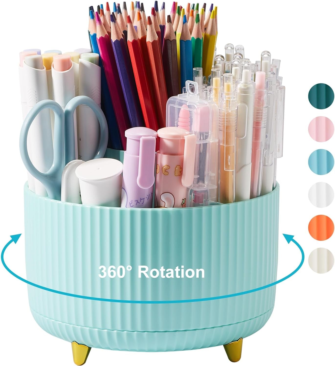 Desk Pencil Pen Holder, 5 Slots 360 Degree Rotating Pencil Pen Organizers for Desk Desktop Storage Stationery Supplies Organizer Cute Pen Cup for Office School Home Art Supply Mint Green