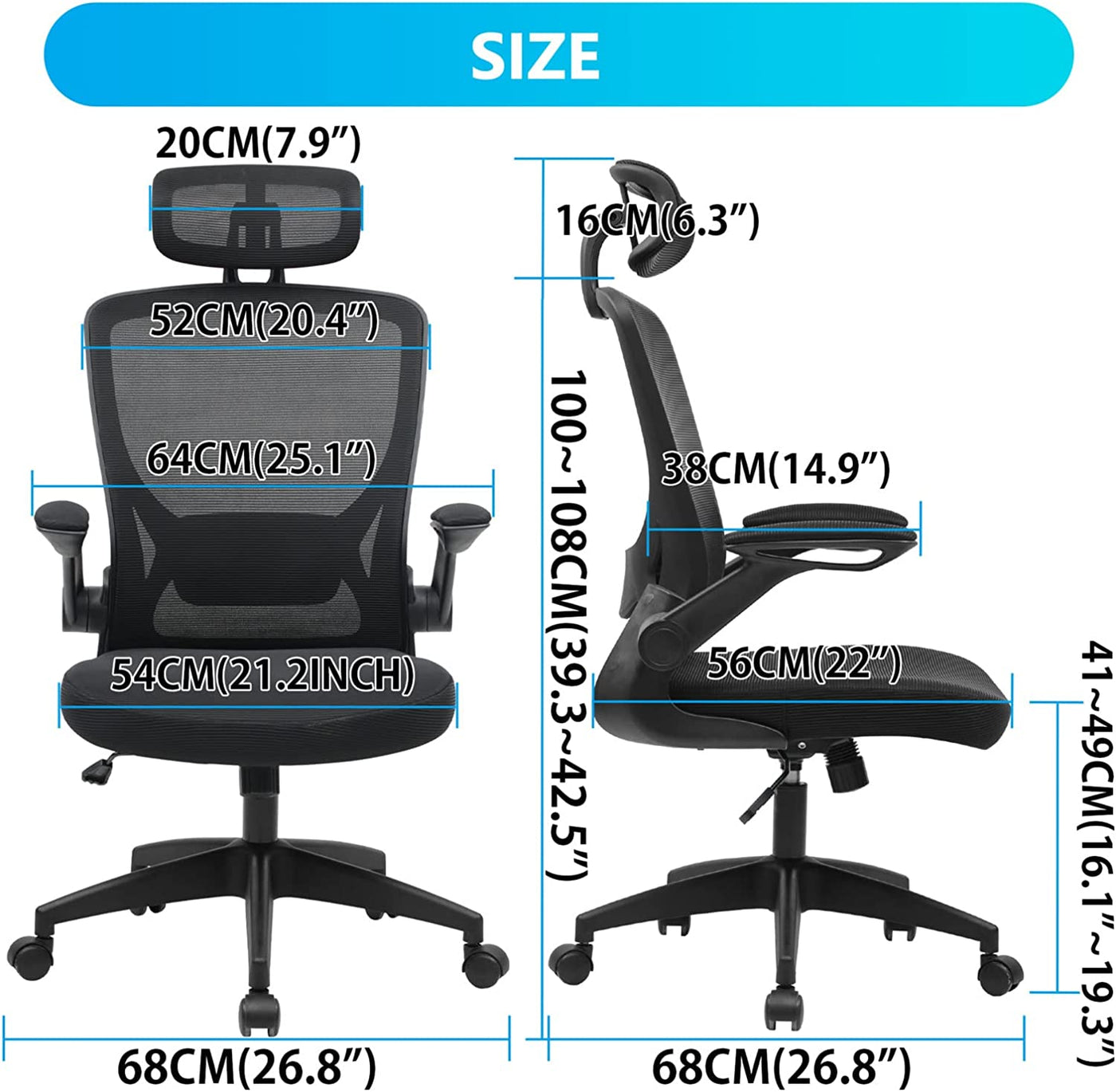 Ergonomic Office Chair, Breathable Mesh Desk Chair with Headrest and Flip-Up Arms for Office,Gaming,Computer Lumbar Support Swivel Task Chair, Adjustable Height,Black