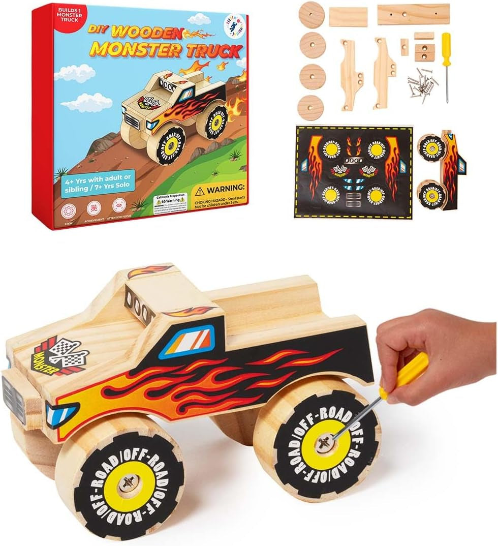 DIY Wooden Monster Truck Building Kit - Stem Toys for Kids Age 4-7 - Wood Crafts with Stickers