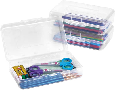 3 Pack Clear Pencil Box, Plastic Large Capacity Pencil Boxes Plastic Boxes with Snap-Tight Lid, Office Supplies Storage Organizer Box, Stackable Design and Stylish