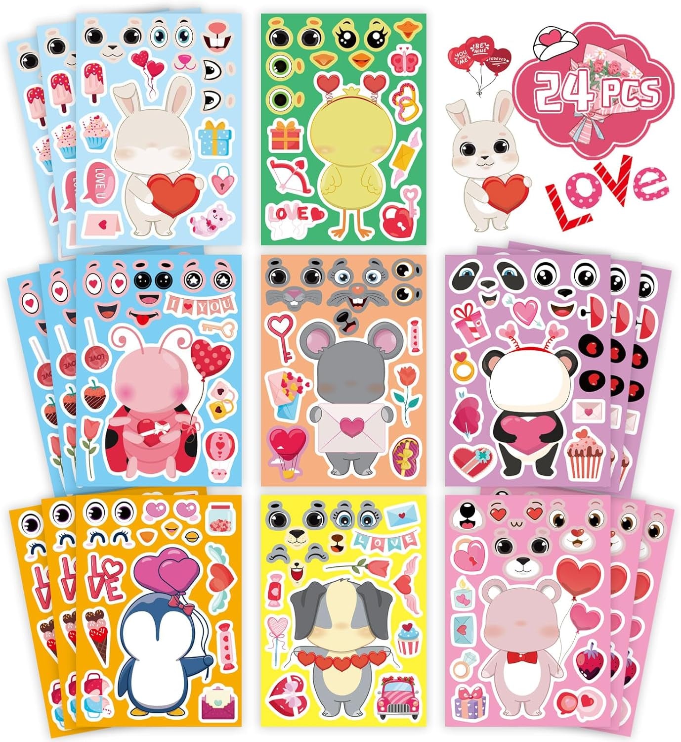 24 Sheets Valentine Stickers for Kids, Valentines Crafts Heart Love Sticker Make a Face Stickers, Make Your Own Animal Stickers Valentines Gifts for Kids Classroom Valentine Goodie Bags Party Favors