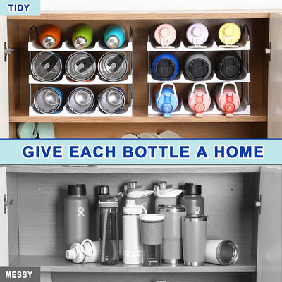 [ Large Compartment ] 3 Tier Stackable Water Bottle Organizer for Cabinet - 9 Bottle Holder Rack for Tumblers, Cups, Wine Bottles - Home Storage, Kitchen Organization Shelf for Countertop, Cupboard