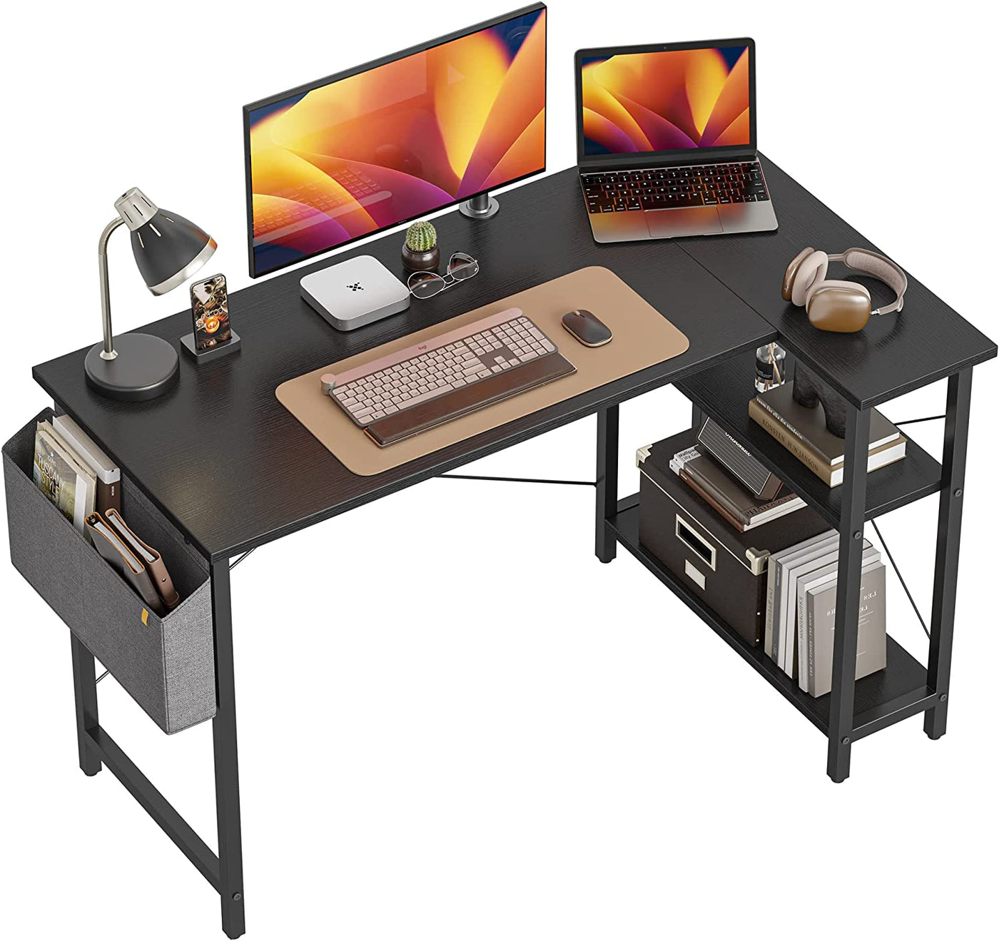 40 Inch Small L Shaped Computer Desk with Storage Shelves Home Office Corner Desk Study Writing Table, Black