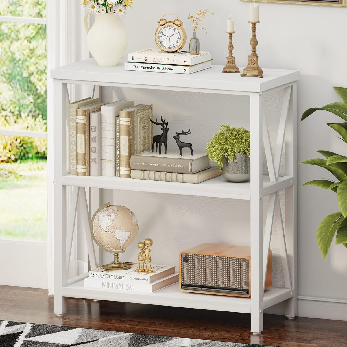 Small Bookcase, Bookshelf for Small Space, Short Rustic Bookshelf, Wood and Metal Book Case and Book Shelf (White Oak)